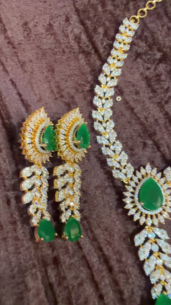 Emerald Drop Diamond Look Necklace Set | Green Stone American Diamond Jewellery