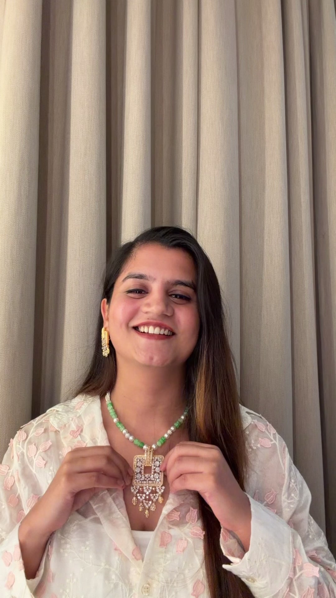Green Beaded Statement Necklace Set with CZ Pendant