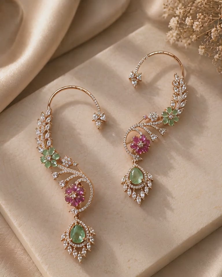 Floral Ear Cuff Earrings with Multicolor Stones and Crystal Detailing