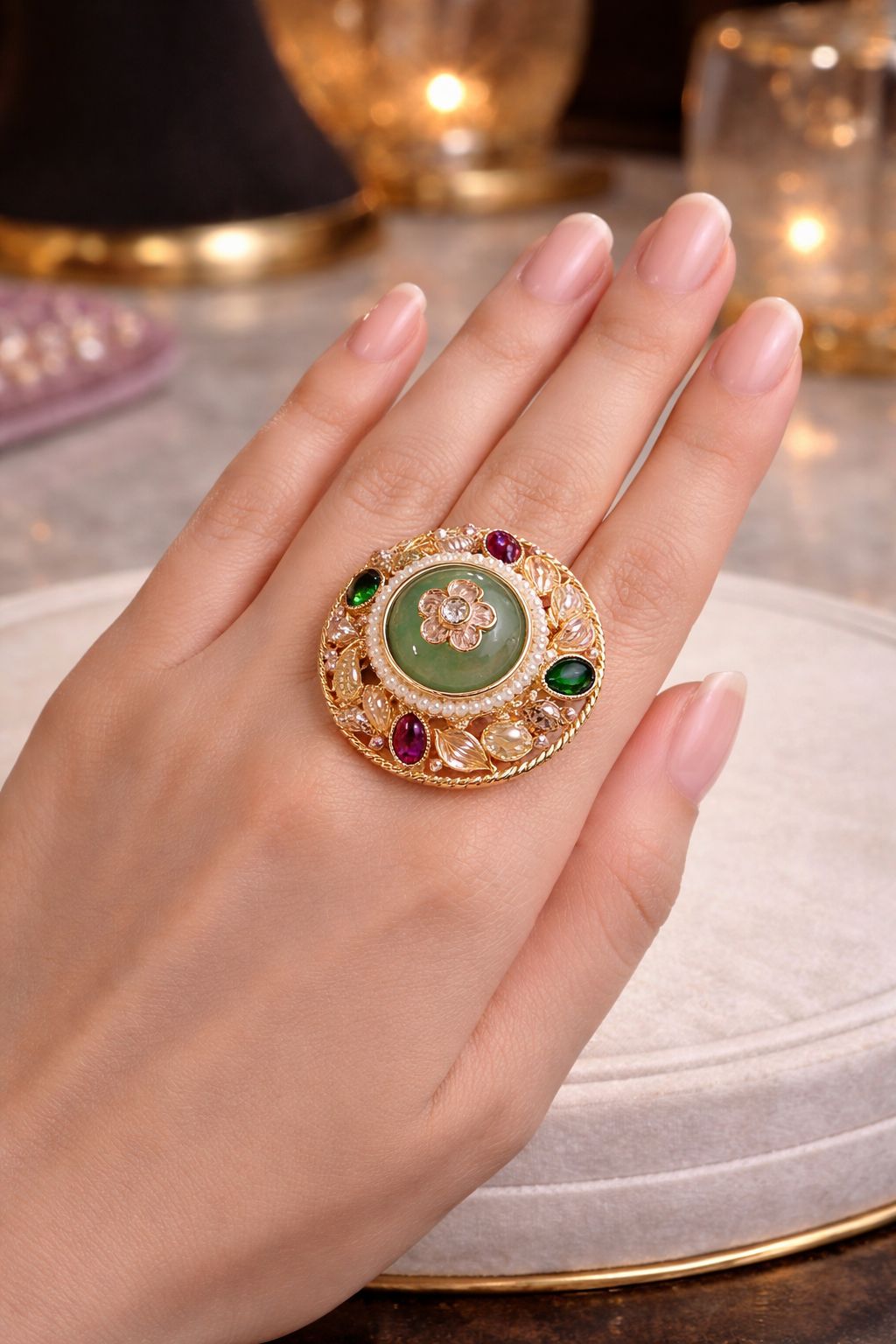 Gold finish statement ring with multicolor stones worn on hand for festive and traditional wear