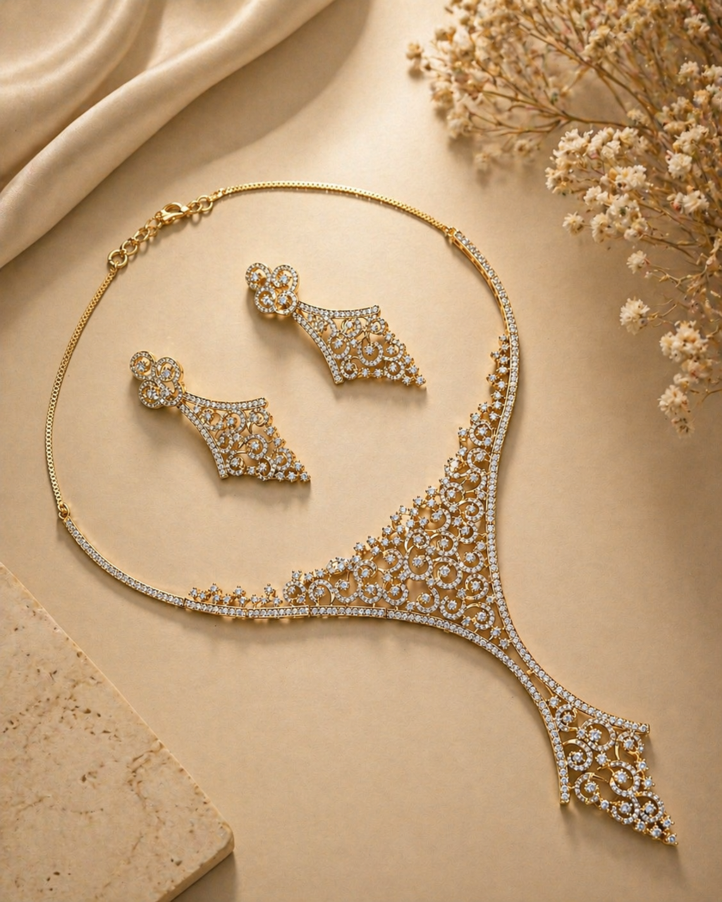 Real diamond look filigree statement necklace set for bridal and wedding wear