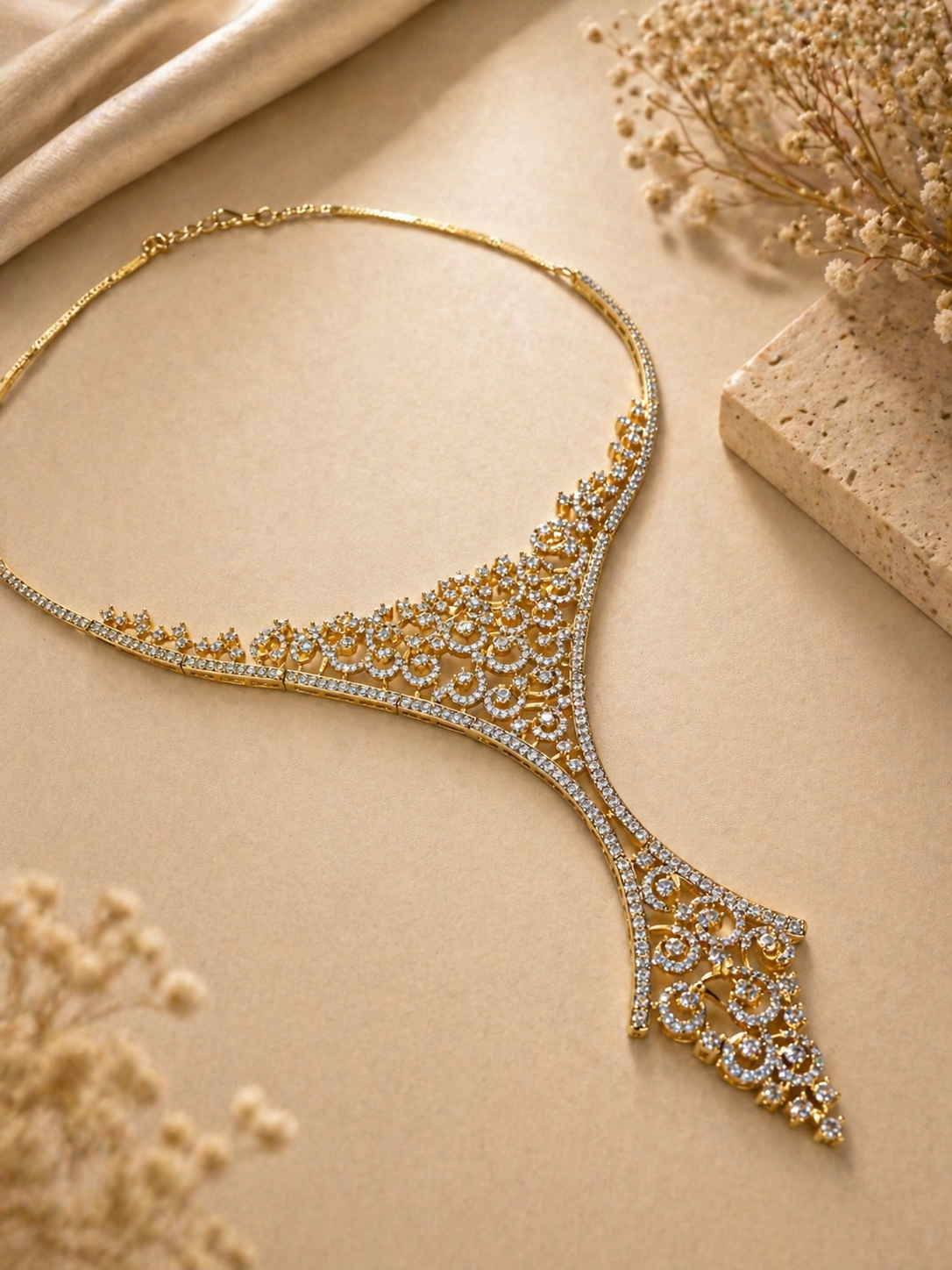 Real diamond look filigree statement necklace set for bridal and wedding wear
