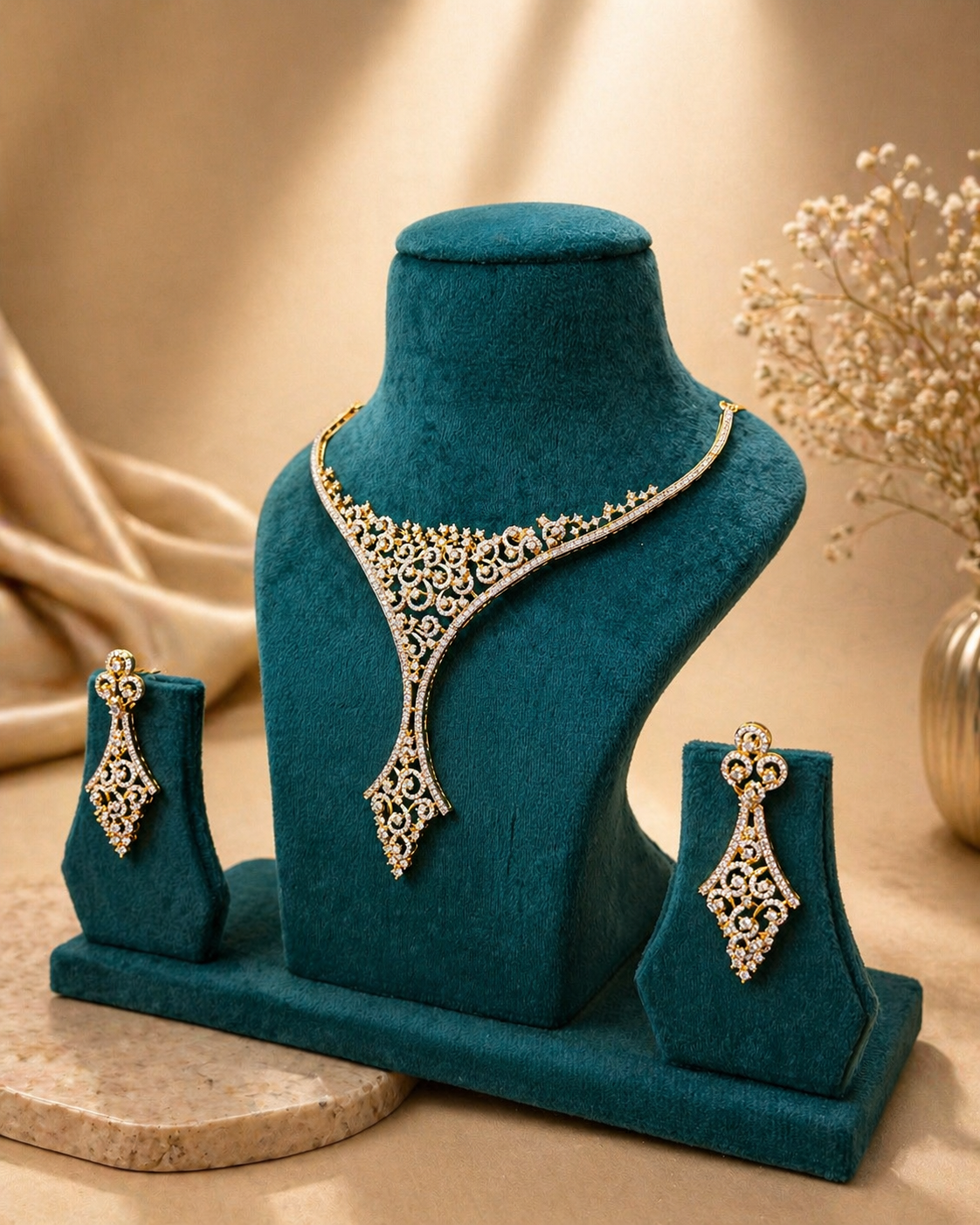 Real diamond look filigree statement necklace set for bridal and wedding wear