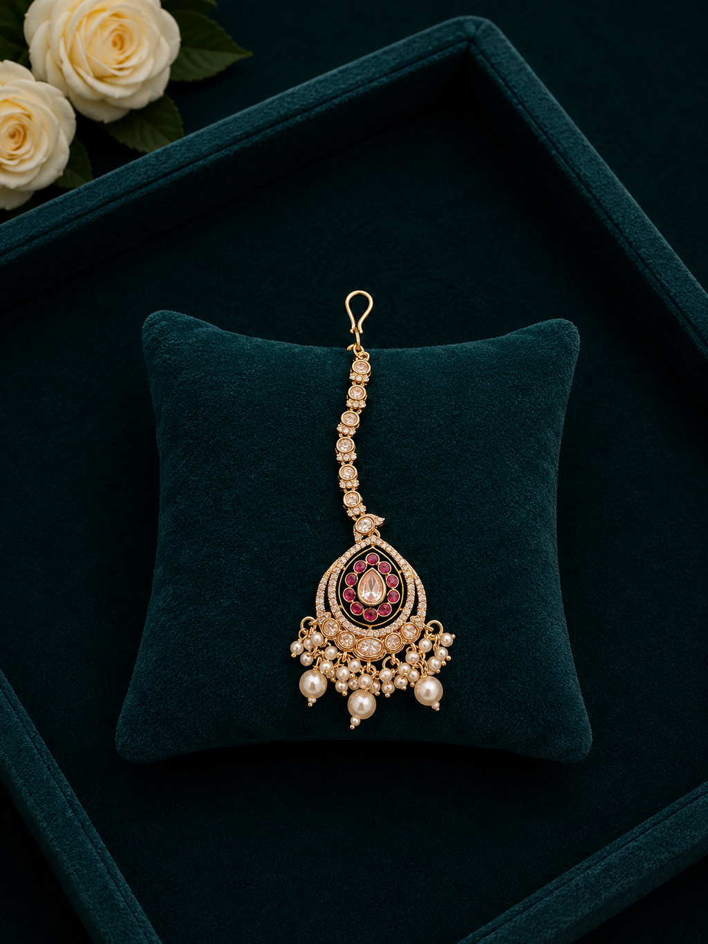 woman wearing ruby pearl bridal maang tikka with kundan detailing