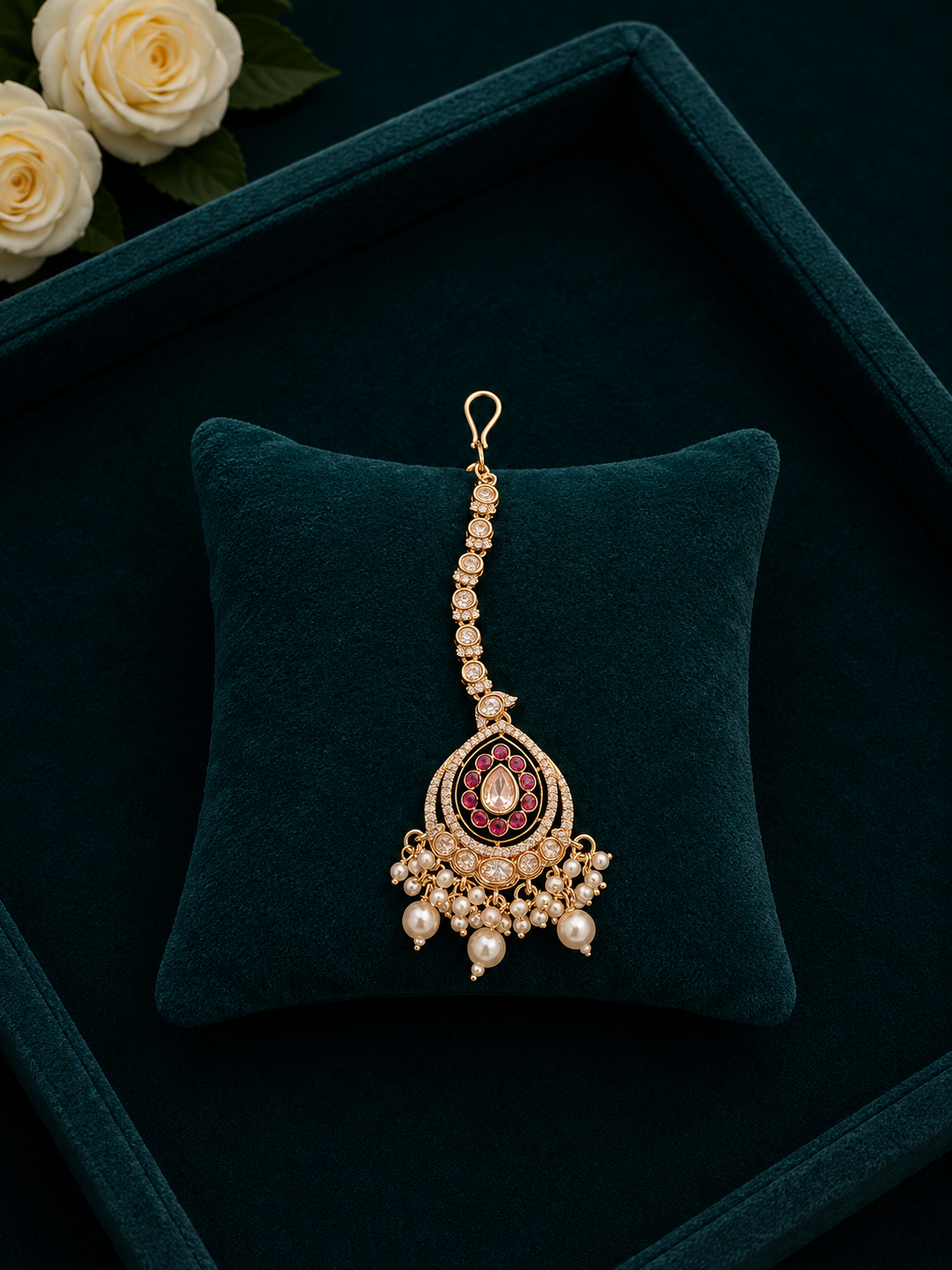 woman wearing ruby pearl bridal maang tikka with kundan detailing