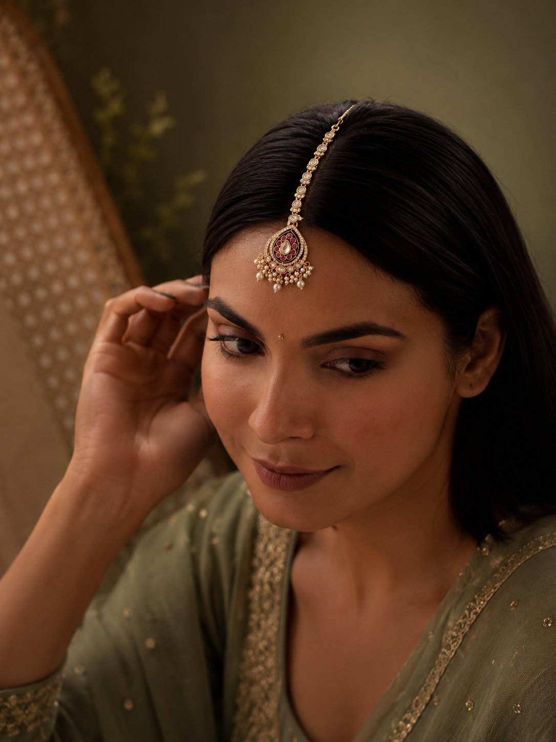 woman wearing ruby pearl bridal maang tikka with kundan detailing