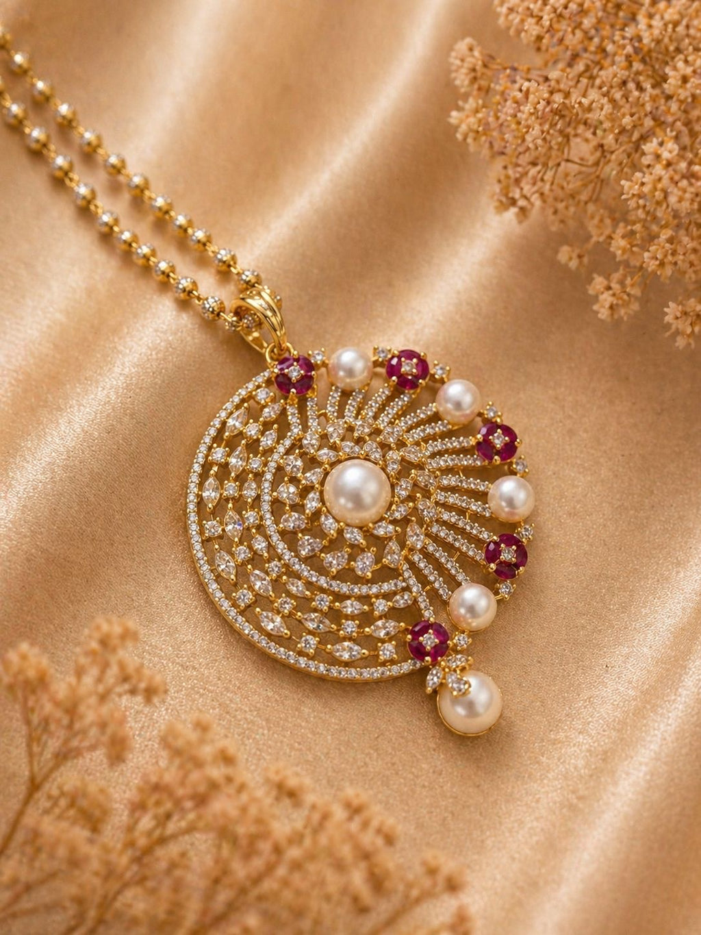 ruby pearl circular pendant necklace set with matching earrings and diamond detailing