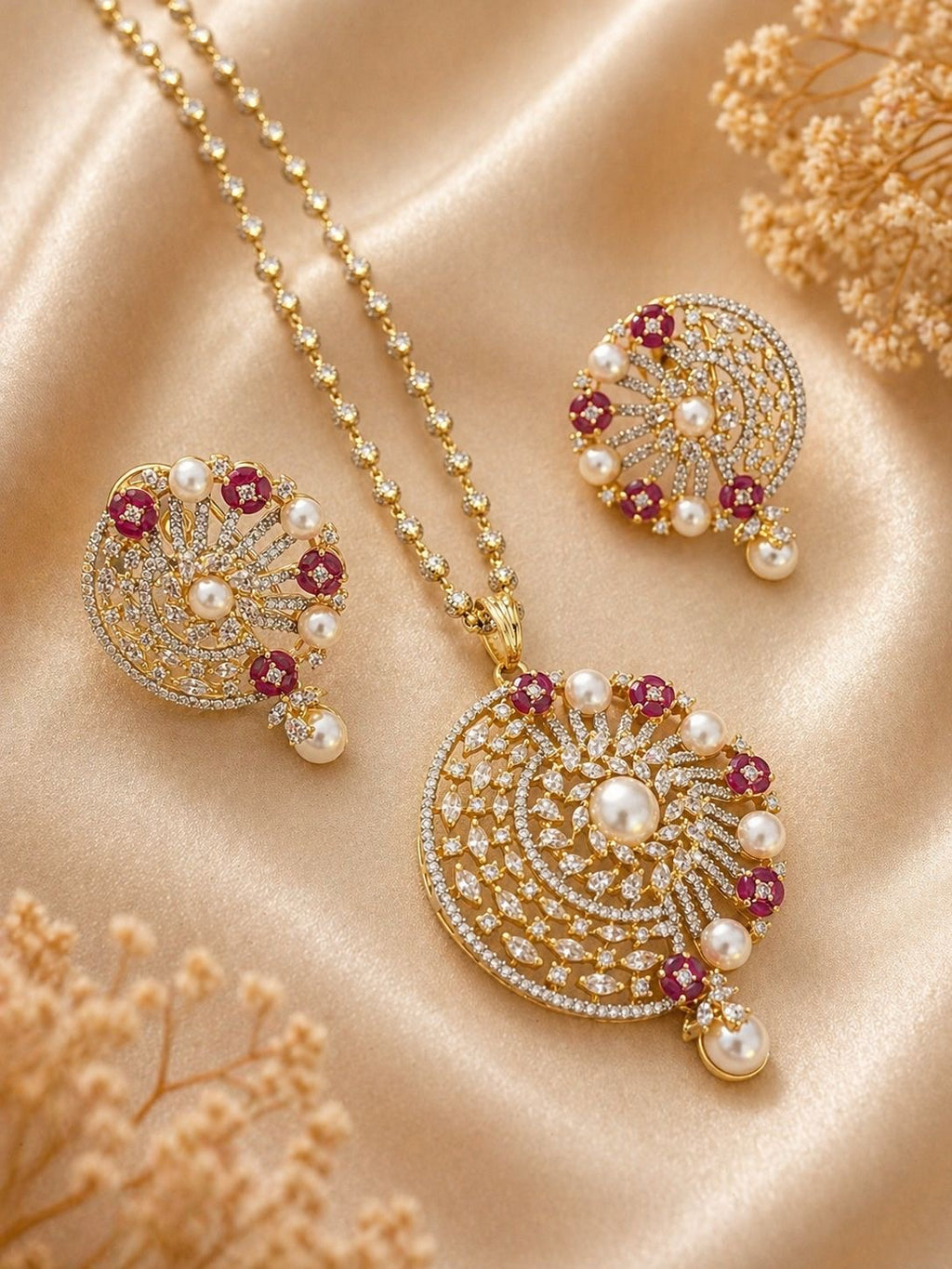 ruby pearl circular pendant necklace set with matching earrings and diamond detailing