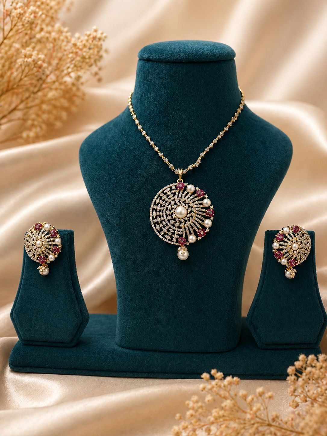 ruby pearl circular pendant necklace set with matching earrings and diamond detailing