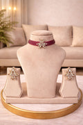 Real diamond look minimal choker set with ruby beads and floral design for festive and wedding wear