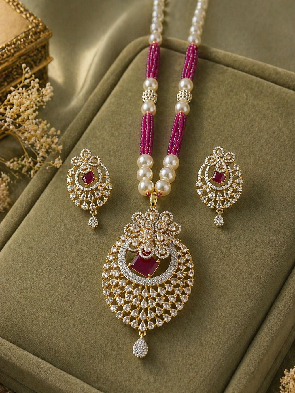 ruby pink beaded kundan pendant necklace set with matching earrings and pearl detailing