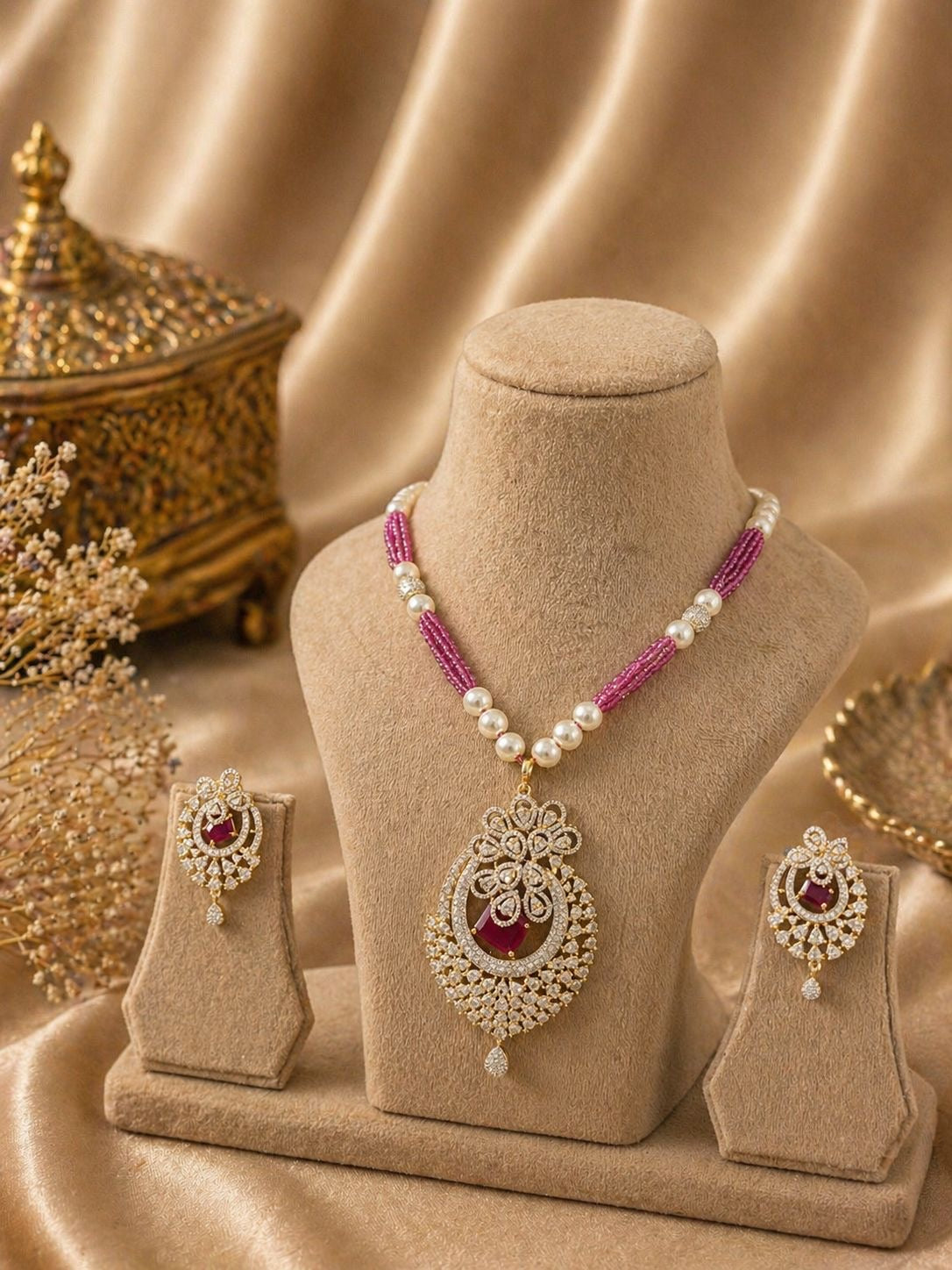 ruby pink beaded kundan pendant necklace set with matching earrings and pearl detailing
