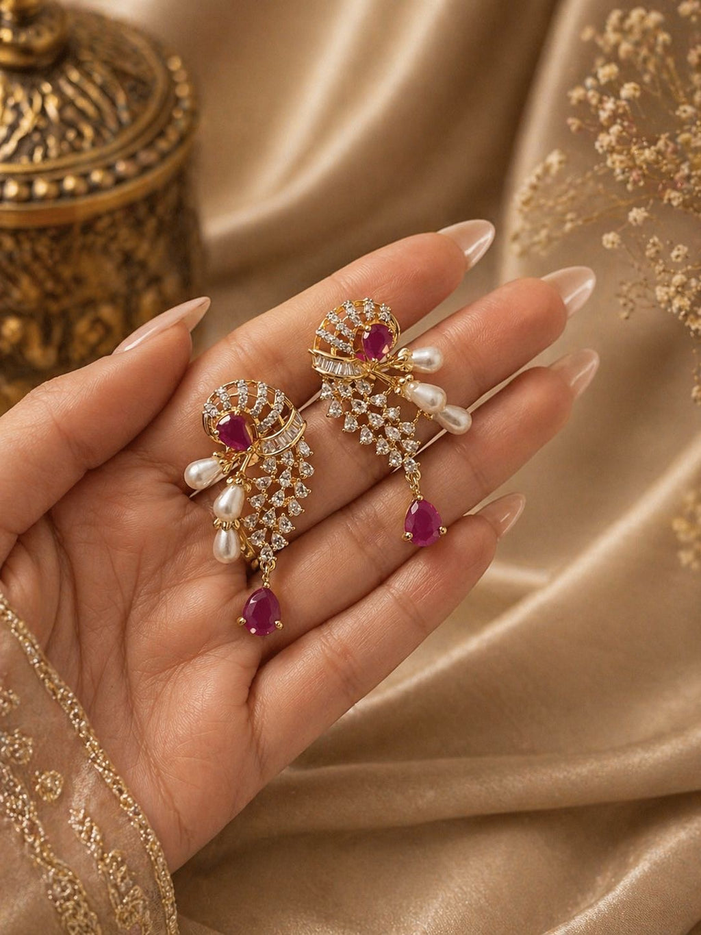 ruby red beaded statement pendant necklace set with matching earrings and pearl detailing