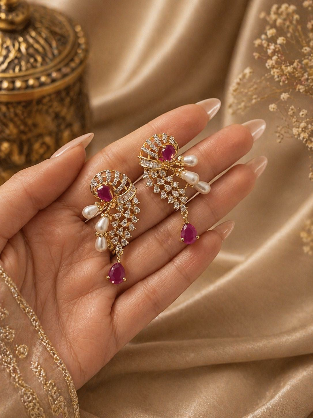 ruby red beaded statement pendant necklace set with matching earrings and pearl detailing