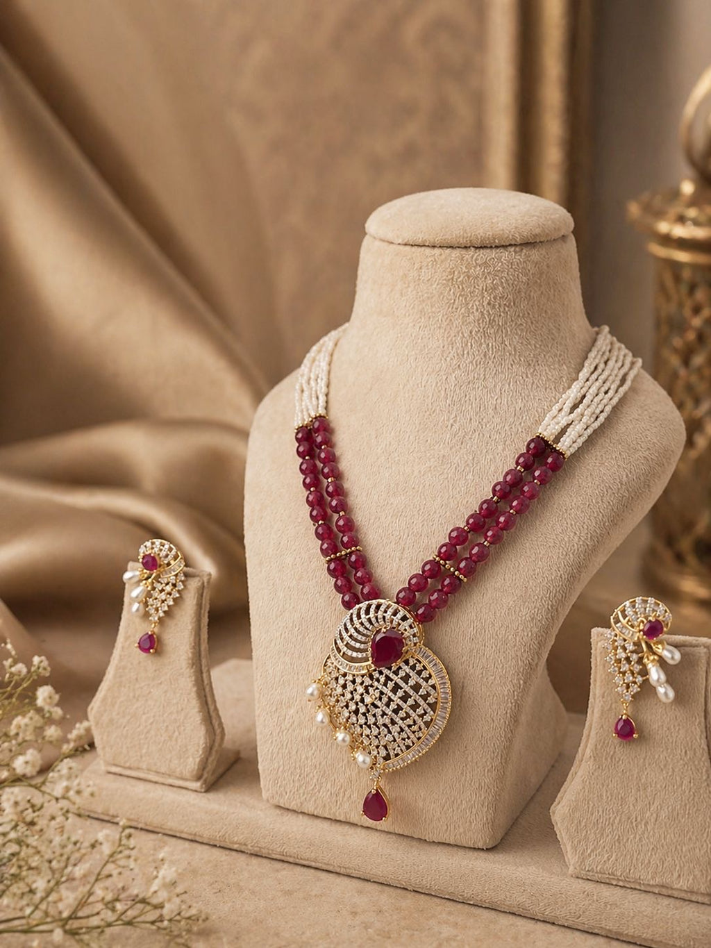 ruby red beaded statement pendant necklace set with matching earrings and pearl detailing