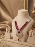 ruby red beaded statement pendant necklace set with matching earrings and pearl detailing