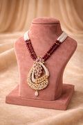 Real diamond look statement necklace set with ruby beads and intricate pendant for wedding and festive wear