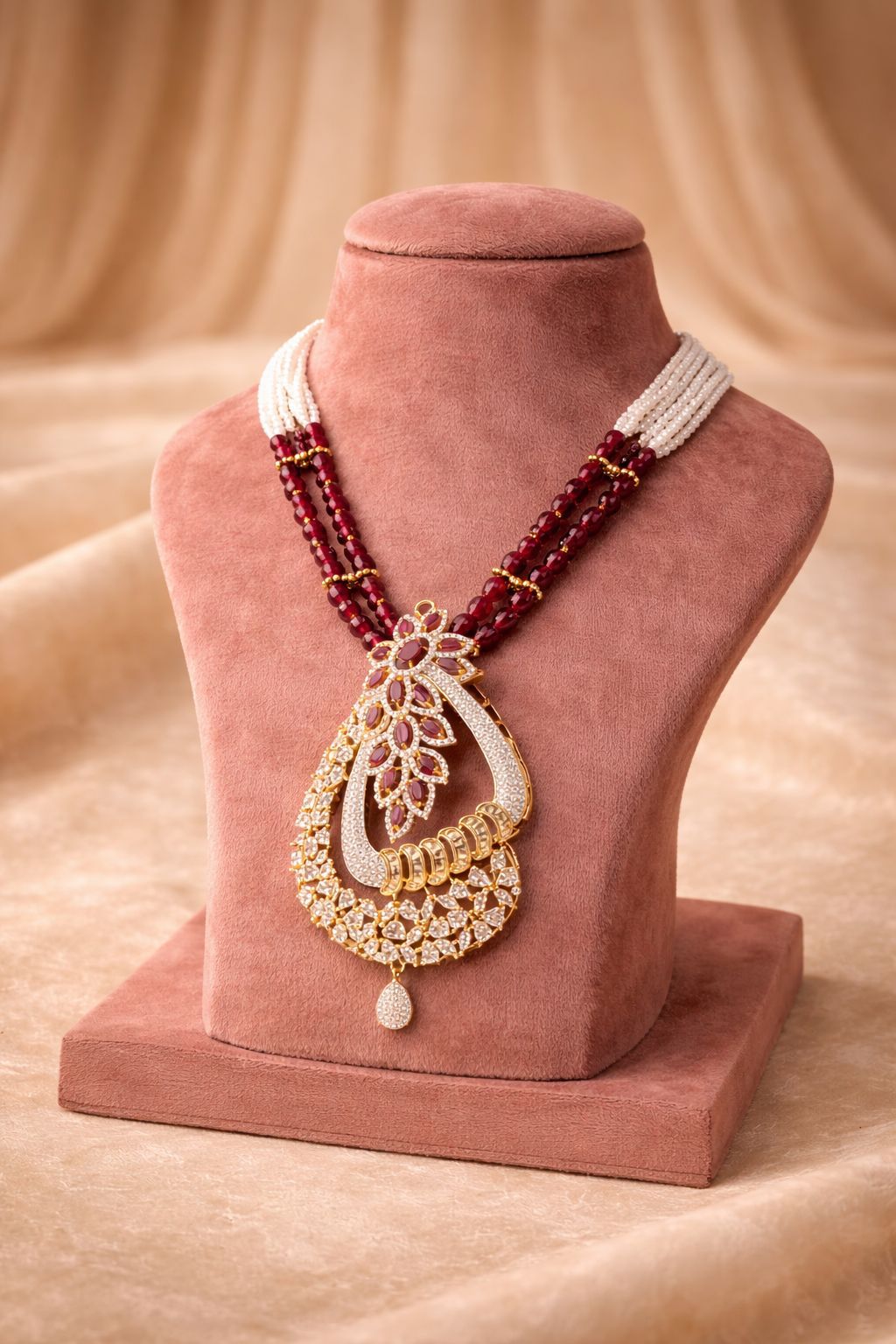 Real diamond look statement necklace set with ruby beads and intricate pendant for wedding and festive wear