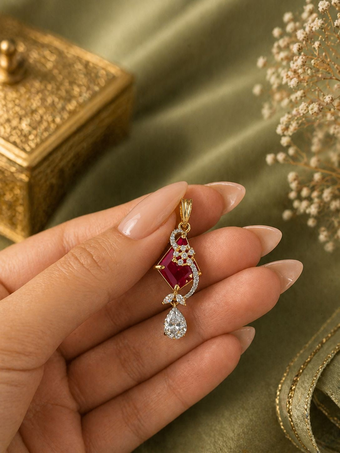 ruby stone gold plated pendant set with cz drop earrings and geometric design