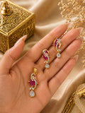 ruby stone gold plated pendant set with cz drop earrings and geometric design