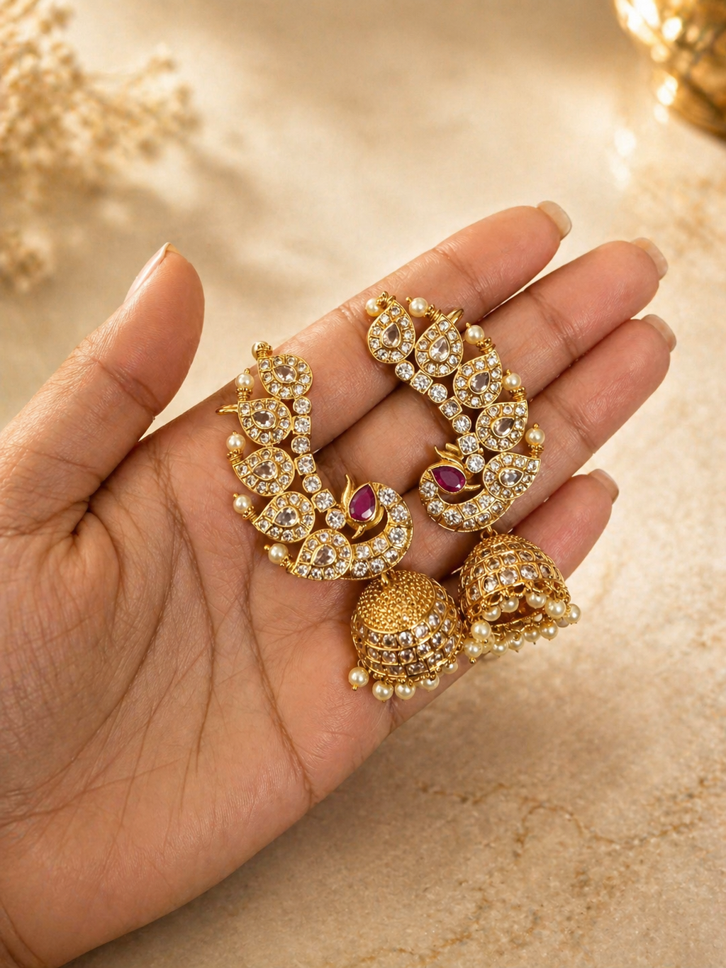 Ruby stone polki jhumka earrings with pearl drops for wedding and festive wear