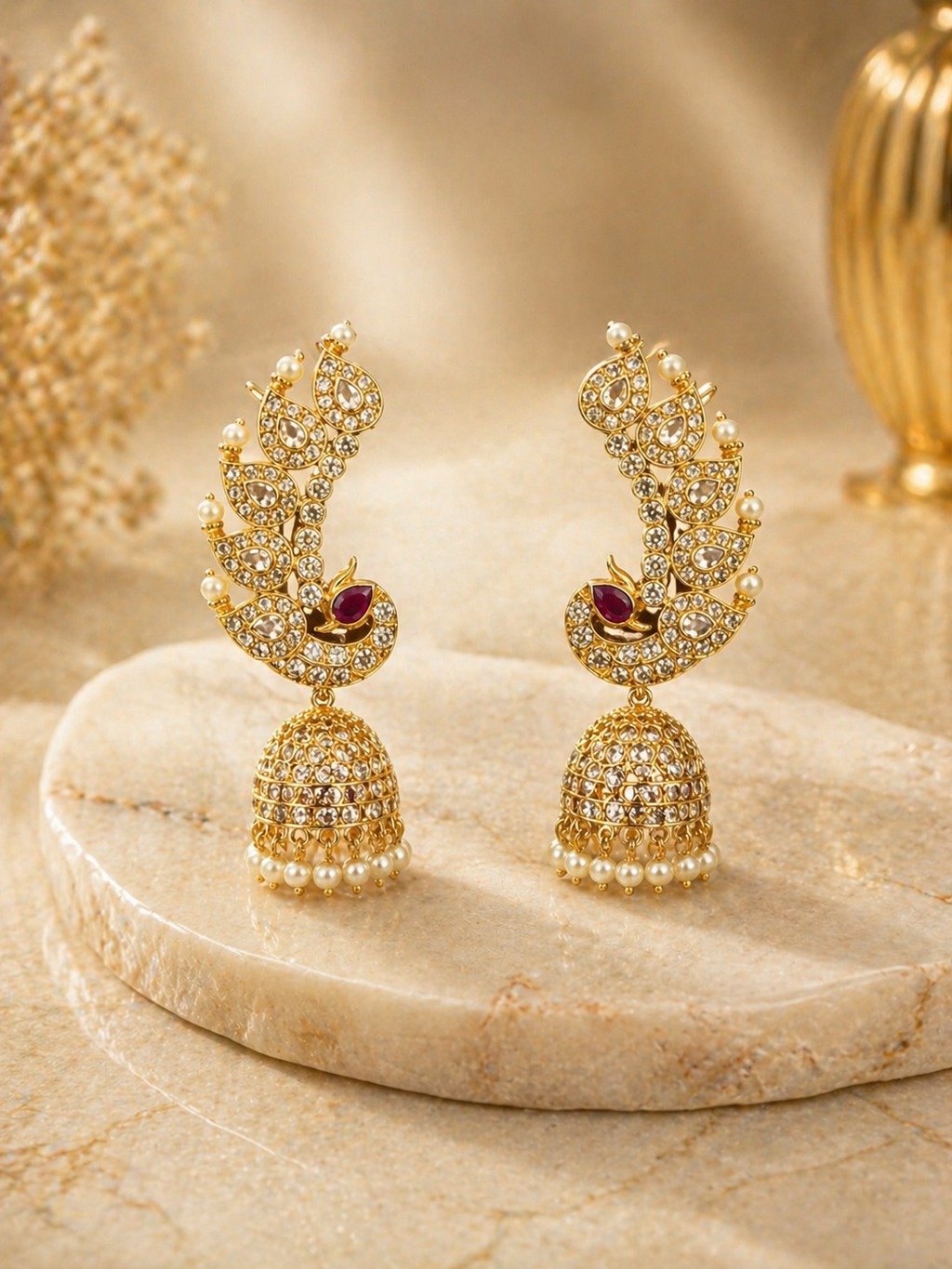 Ruby stone polki jhumka earrings with pearl drops for wedding and festive wear