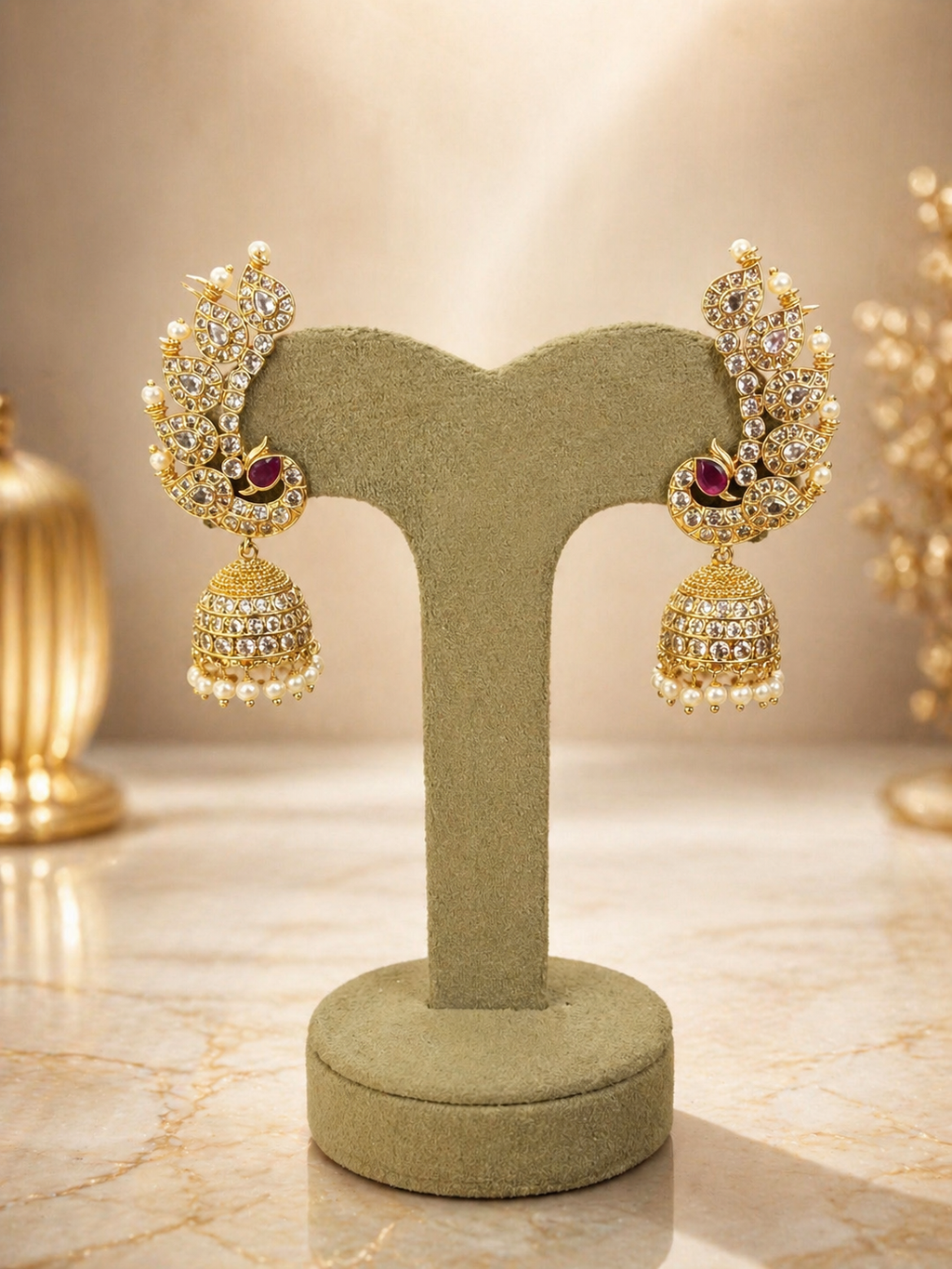 Ruby stone polki jhumka earrings with pearl drops for wedding and festive wear