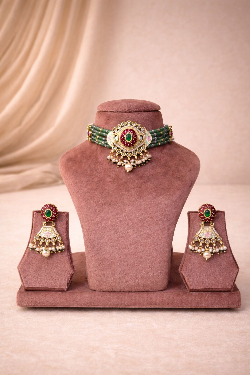 Real gold finish kundan choker set with green beads and pearl drops for wedding and festive wear