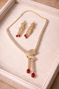 Real diamond look necklace set with ruby red drops for wedding and festive wear