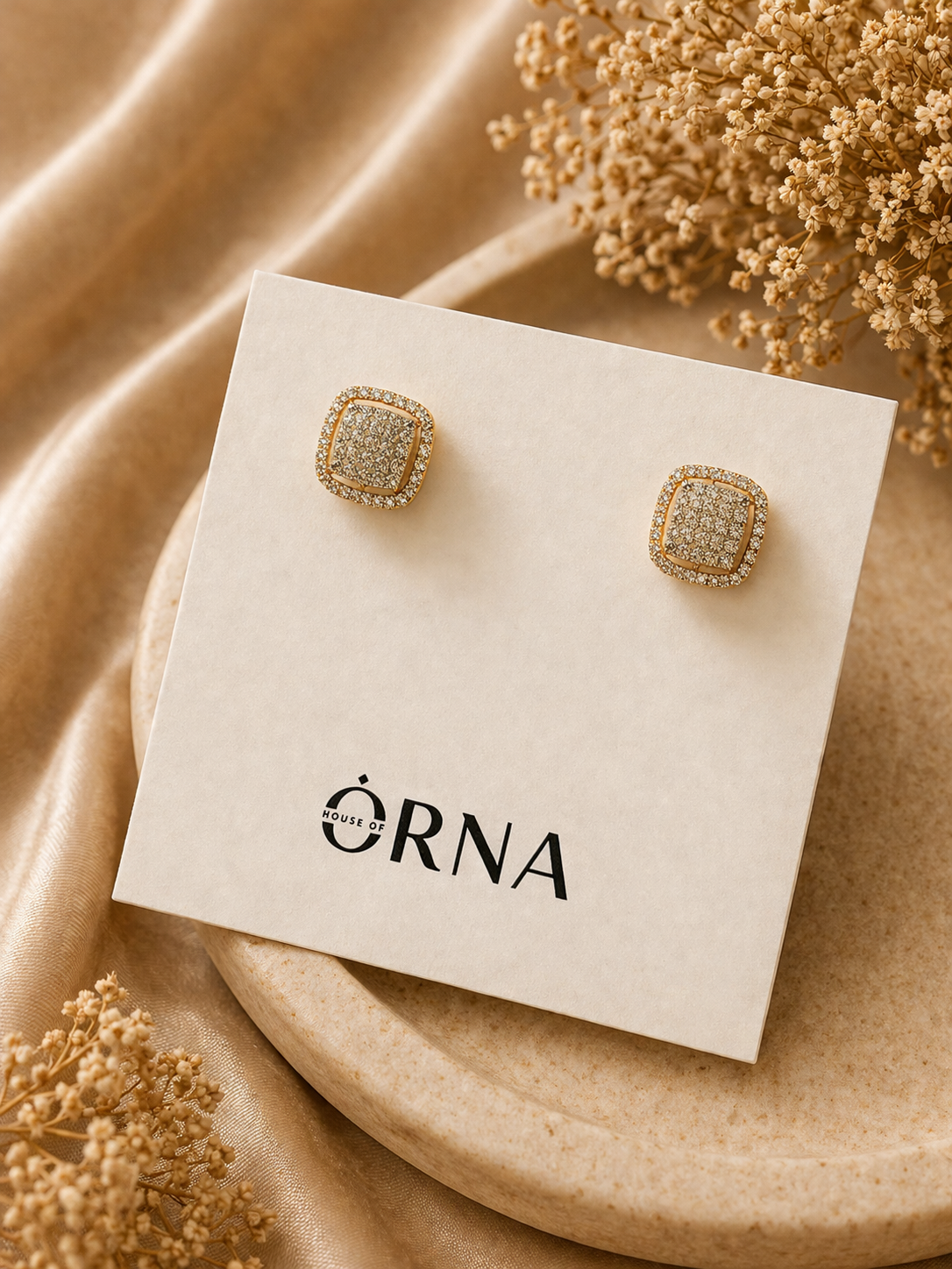 square crystal micro pave stud earrings in gold finish