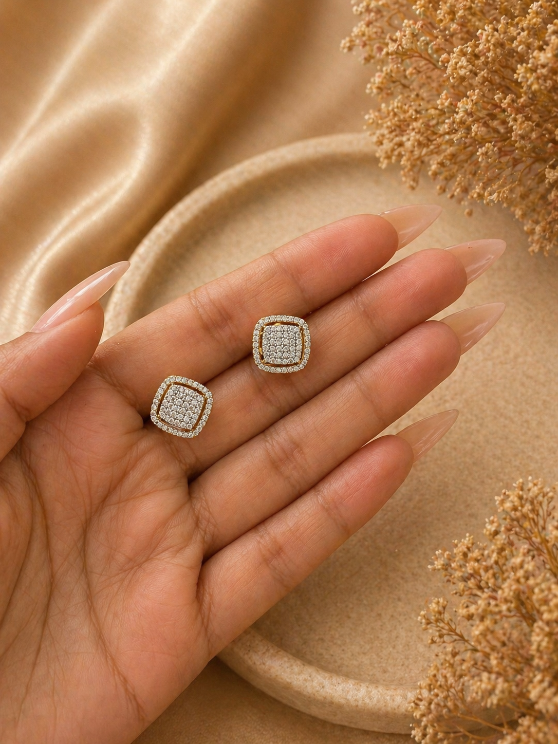 square crystal micro pave stud earrings in gold finish