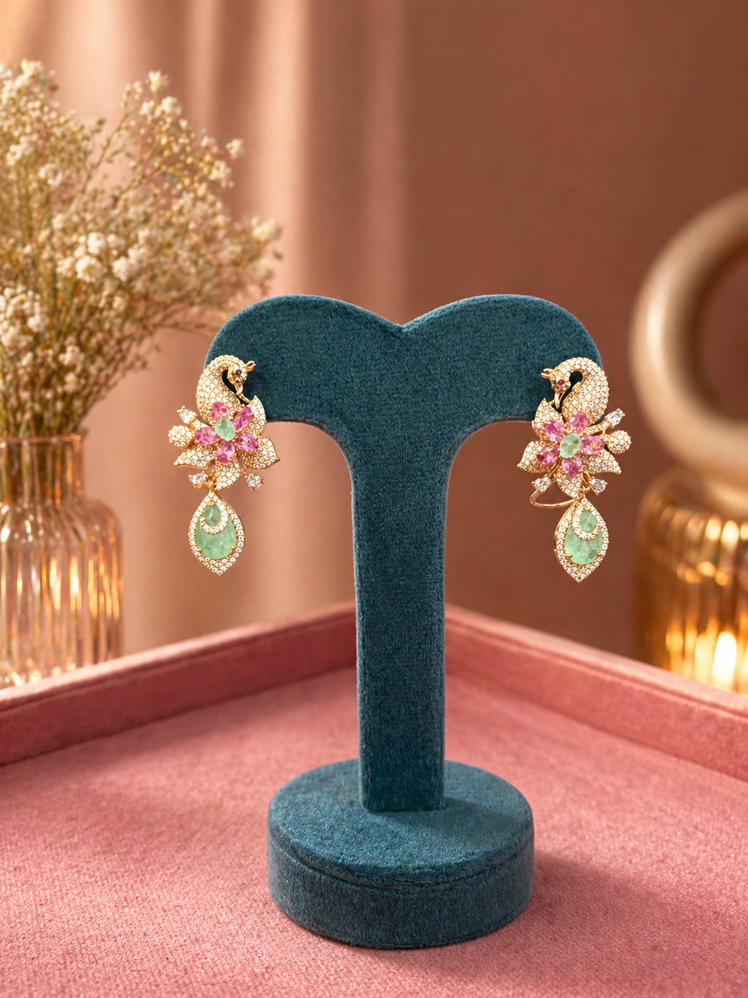 Swan motif emerald and pink stone statement earrings displayed on stand for wedding and festive wear