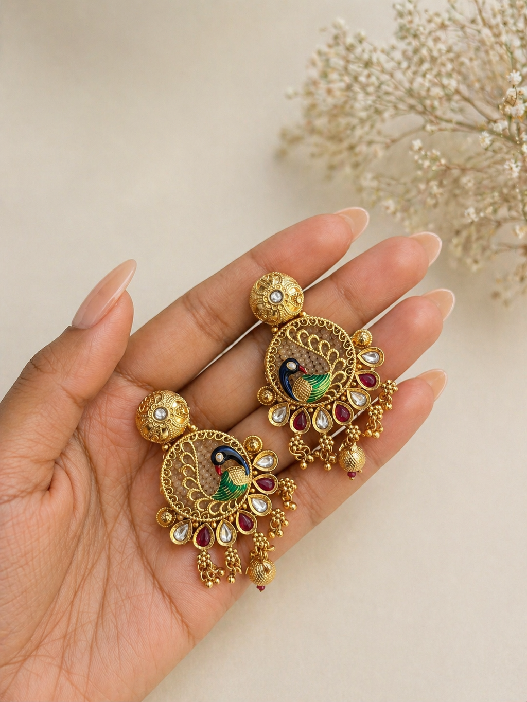 traditional peacock motif kundan necklace set with pearl bead strands and matching earrings