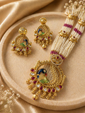 traditional peacock motif kundan necklace set with pearl bead strands and matching earrings