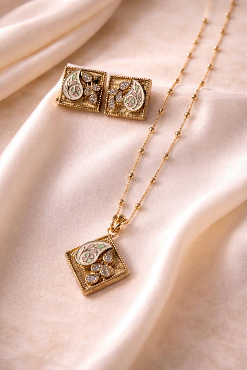 Gold look pendant set with pastel enamel tile design for everyday and festive wear